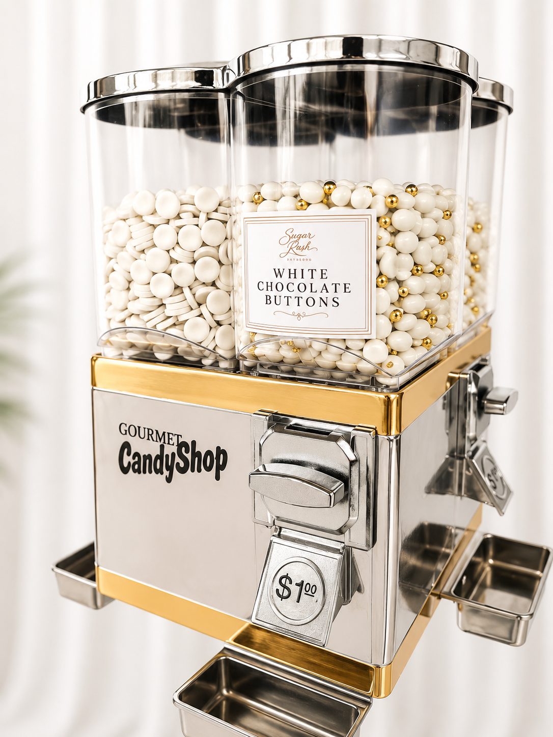 Sugar Rush white and gold vending machine filled with white chocolate buttons