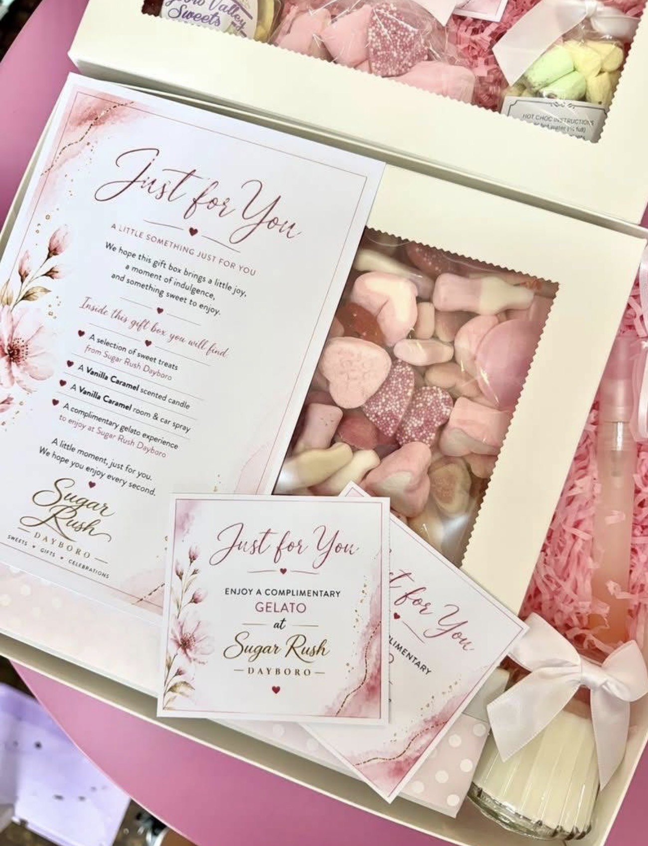 Just for You blush gift box filled with pink heart sweets, vanilla caramel candle and room spray, with a personalised note card